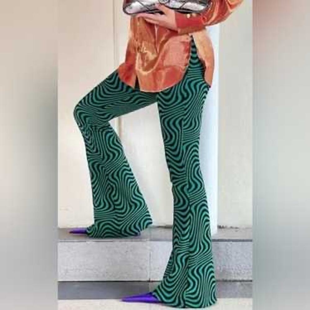 Zara Groovy Green Psychedelic High Waist Knit Flare Pants Medium
